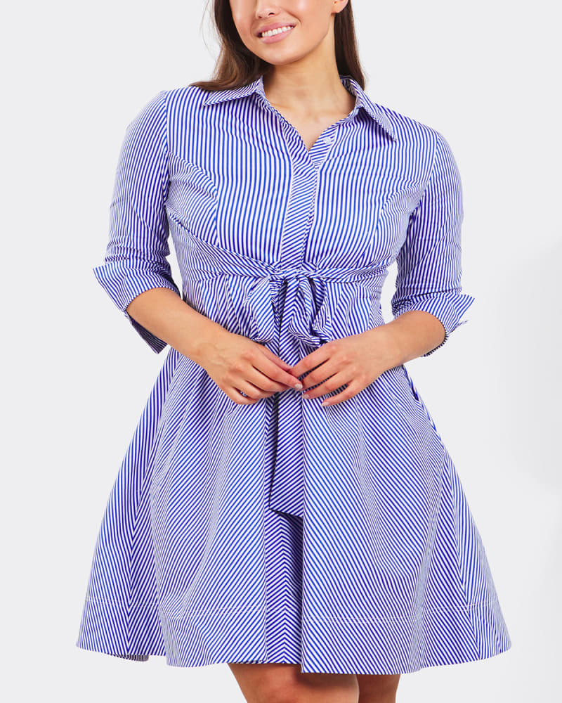 Front of a model wearing a size XL Tessa Shirt Dress Twist Waist Tie Pockets Cotton Navy in Blue by ANNICK. | dia_product_style_image_id:353260